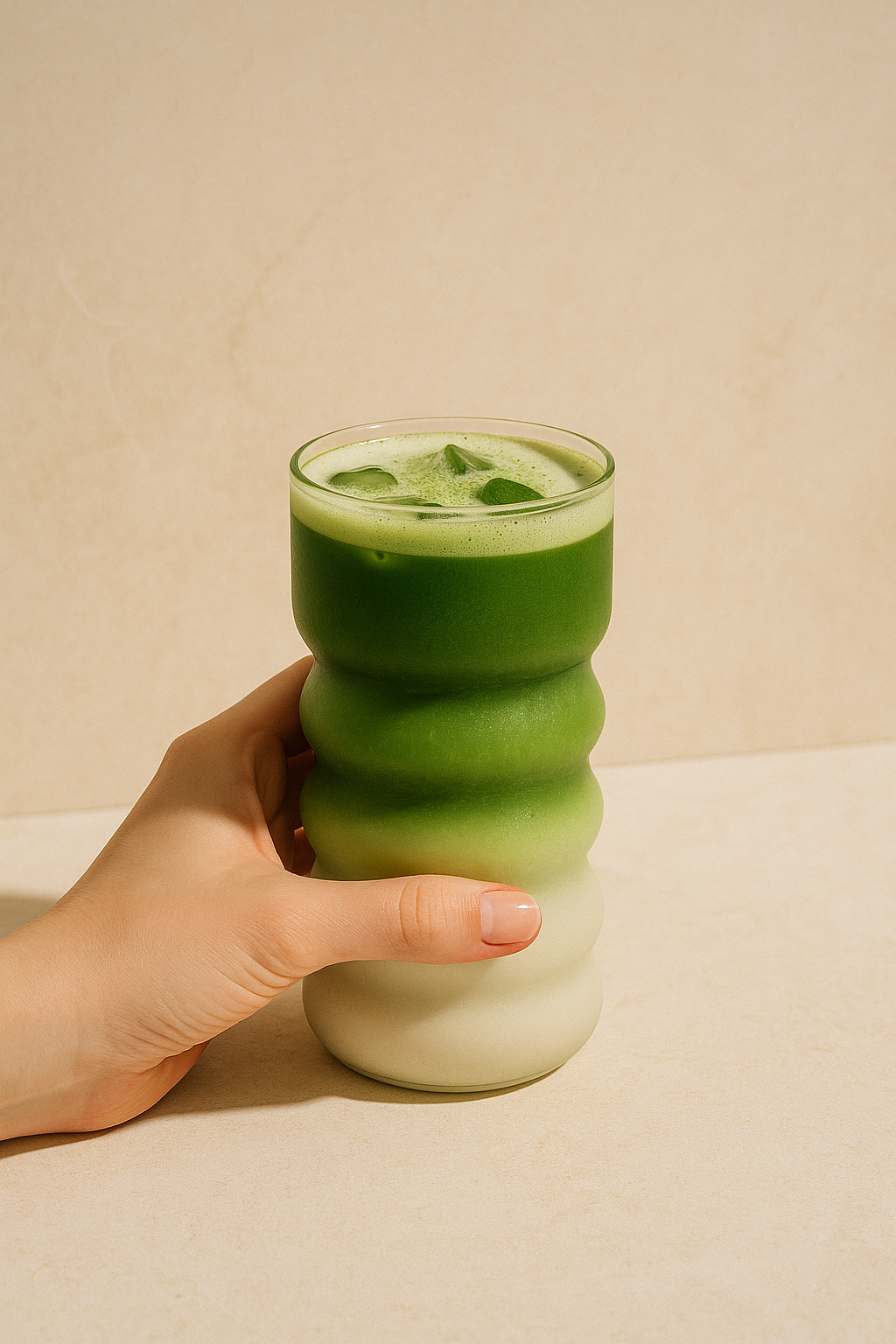 Ceremoniële matcha latte in elegant coupeglas  romige Japanse groene thee drank