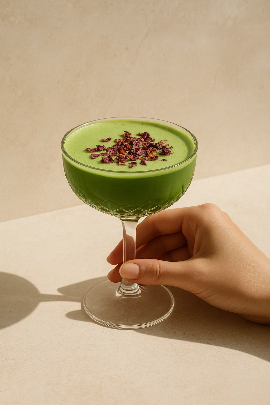 Ceremoniële matcha latte in elegant coupeglas met rozenblaadjes in romige Japanse groene thee drank
